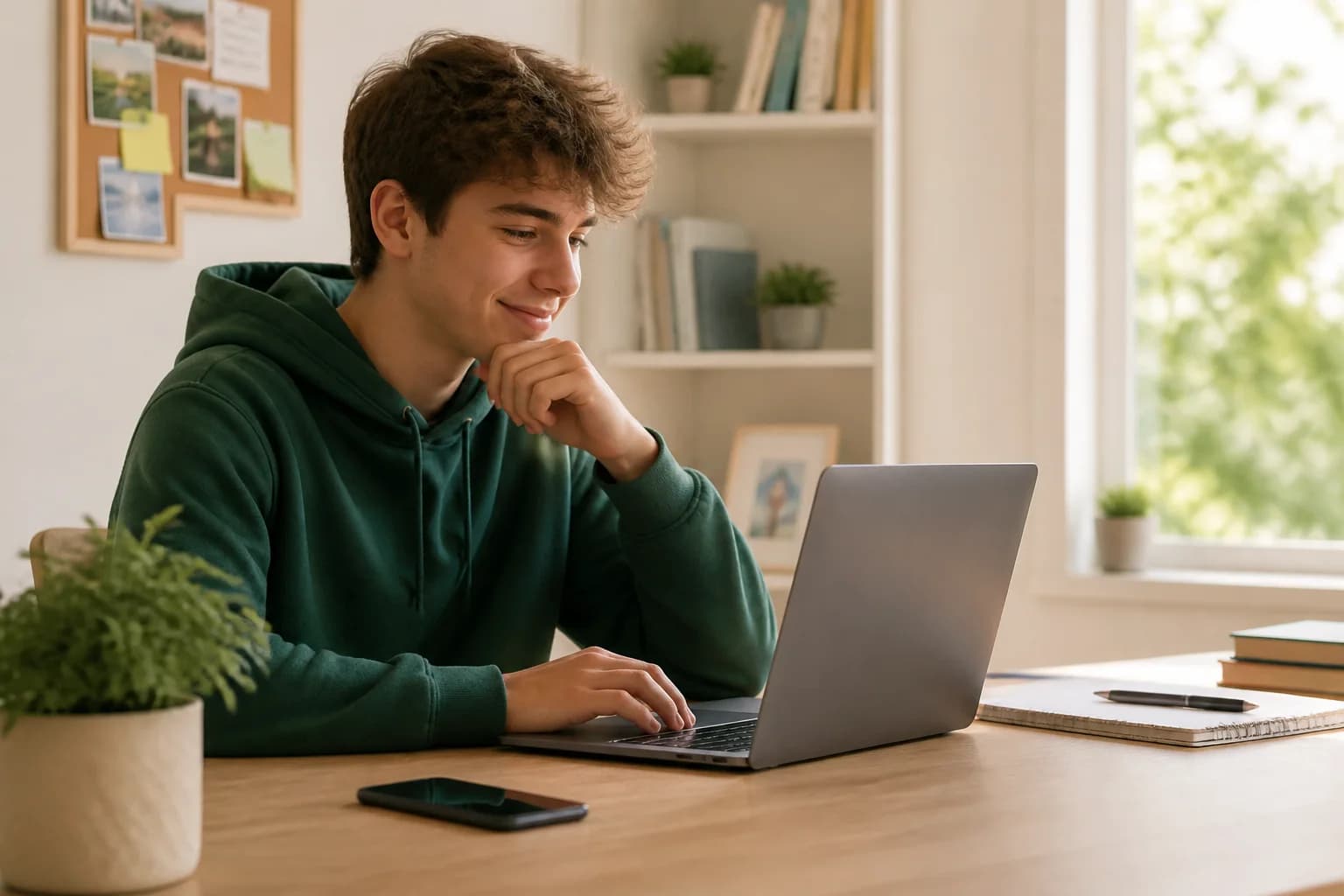 Student reading an online enrollment confirmation at home