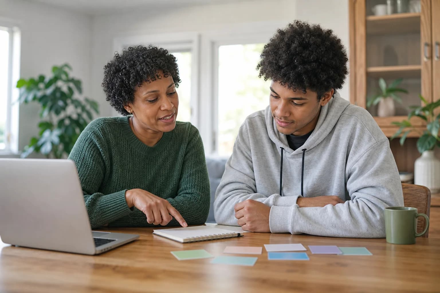 Student and parent comparing online high school course options