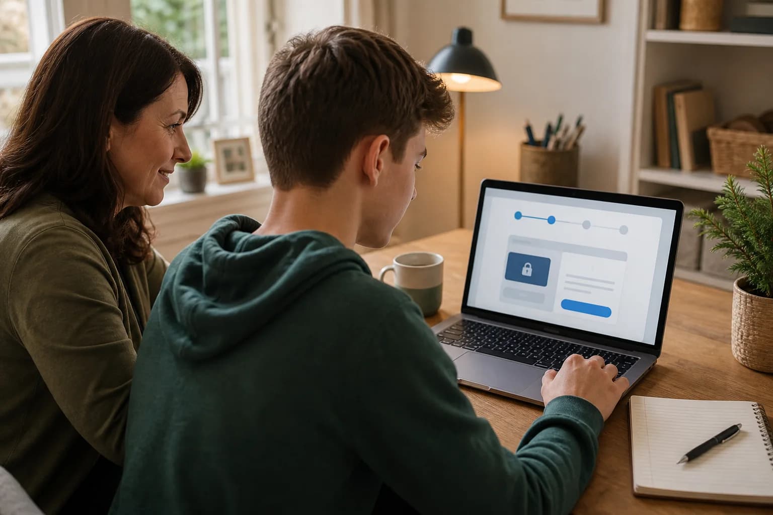 Student completing an online course enrollment with a parent nearby