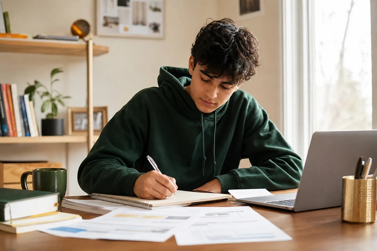 Student planning high school course goals at a home desk